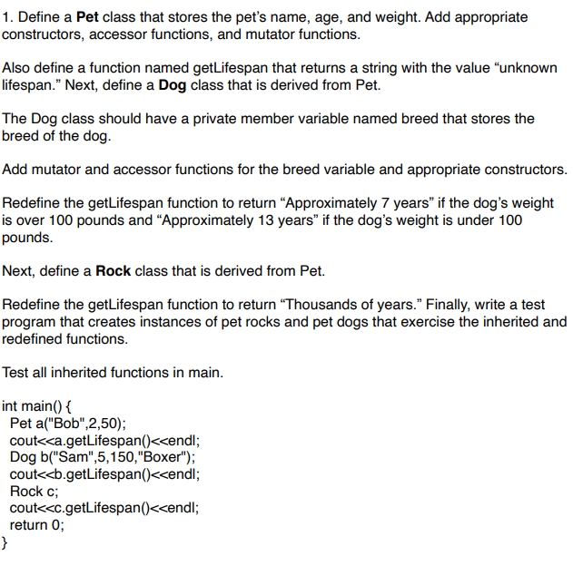 Solved 1. Define a Pet class that stores the pet's name,