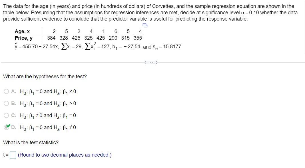 Solved The data for the age (in years) and price (in | Chegg.com