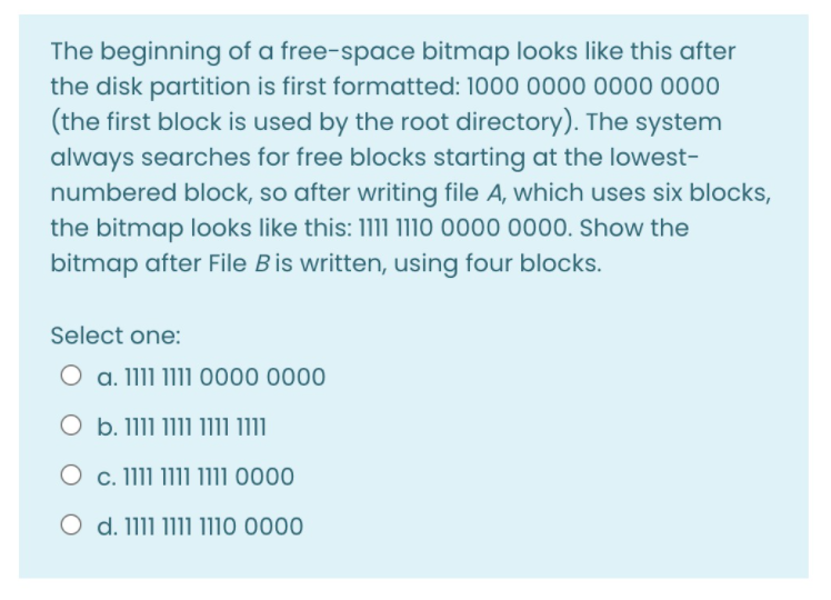 Solved The beginning of a freespace bitmap looks like this