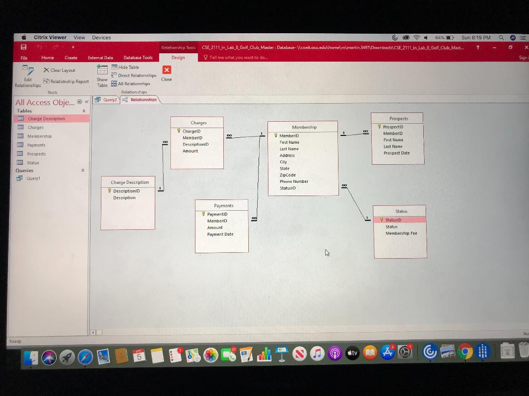 Relationship Tools Design - 64% 0 Sun 8:19 PM Q CSE 2111_In_lab_e_Golf Club Master: Database- \coeit.osu.edulhomem martin.34