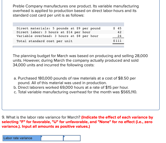 Solved Preble Company Manufactures One Product. Its Variable | Chegg.com