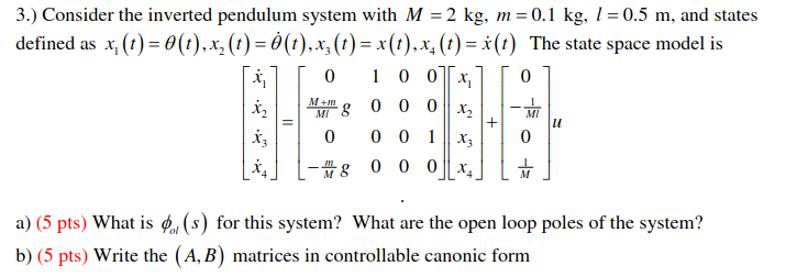 3.) Consider the inverted pendulum system with M=2 | Chegg.com