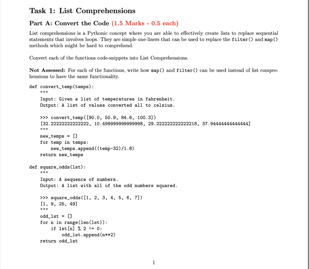 Solved Task 1: List Comprehensions Part A: Convert the Code | Chegg.com