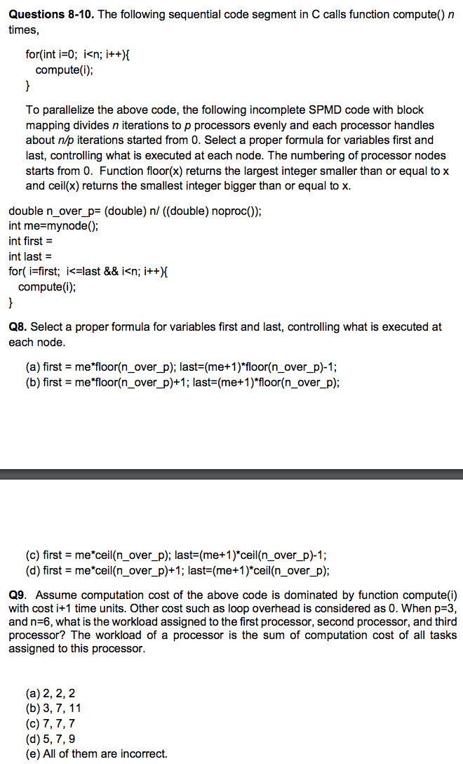 Questions 8 10 The Following Sequential Code Segm