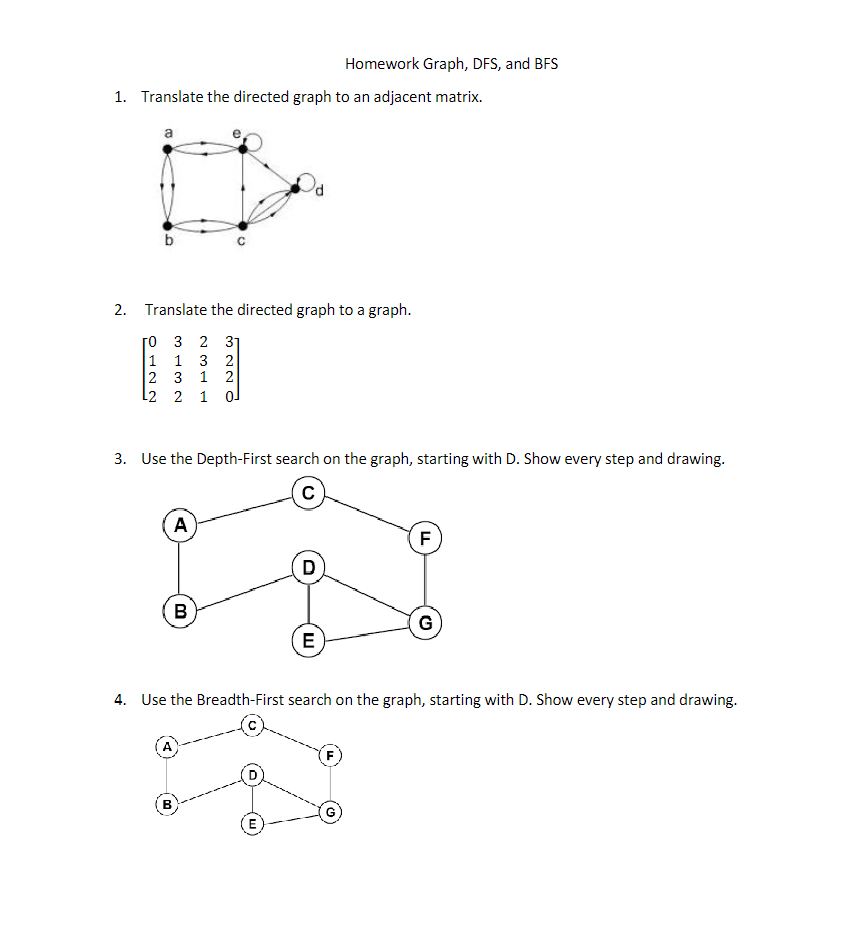 Solved 1. Translate the directed graph to an adjacent | Chegg.com