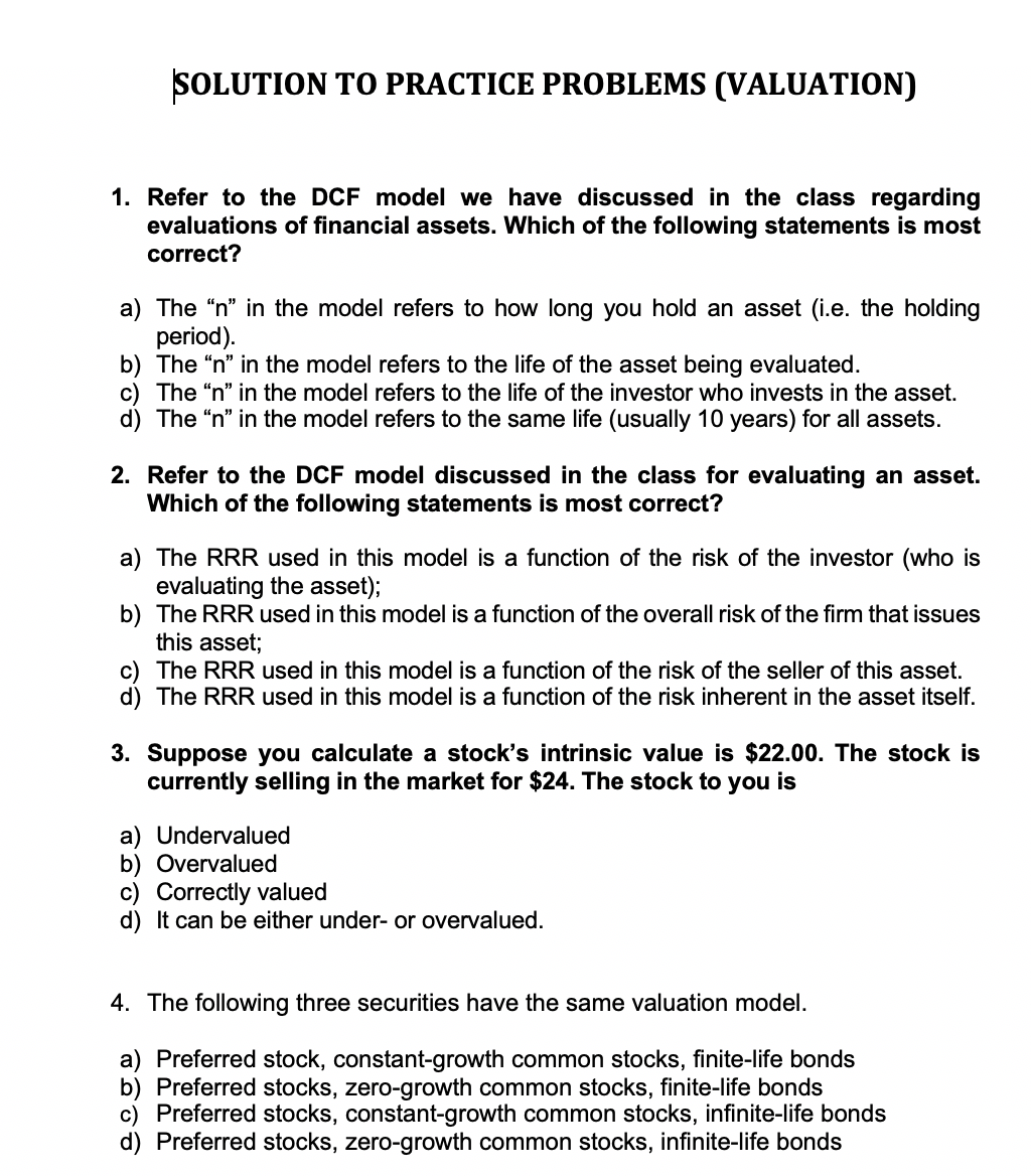 Solved SOLUTION TO PRACTICE PROBLEMS (VALUATION) 1. Refer to | Chegg.com