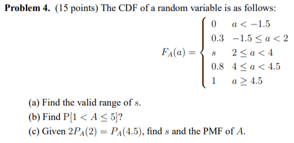 Solved Problem 4. (15 Points) The CDF Of A Random Variable | Chegg.com