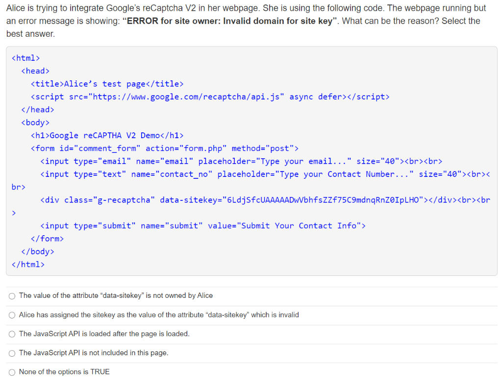 Solved Alice Is Trying To Integrate Google'S Recaptcha V2 In | Chegg.Com
