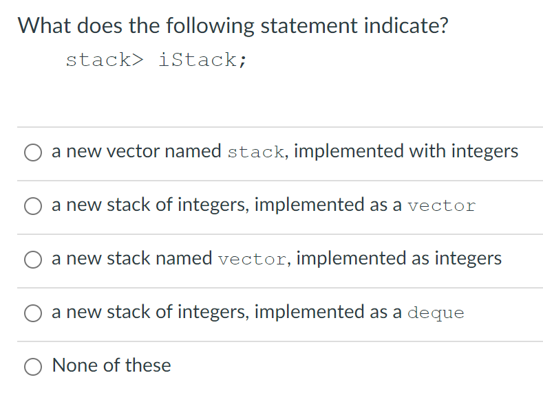 Solved What does the following statement indicate? stack> | Chegg.com