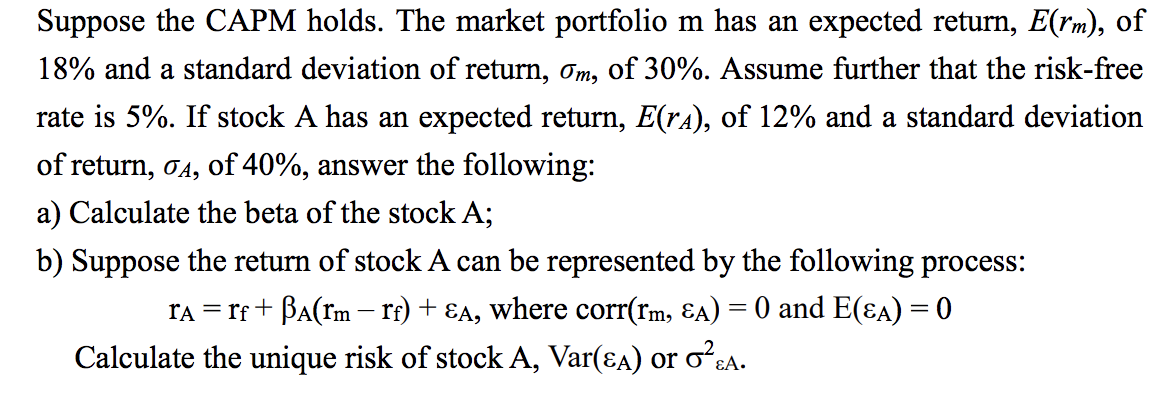 Solved Suppose The CAPM Holds. The Market Portfolio M Has An | Chegg.com