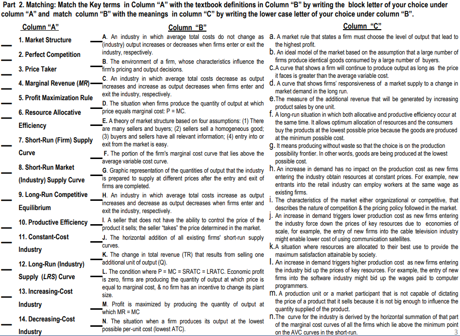 Solved] Match the Key terms in Column A with the definitions in Column