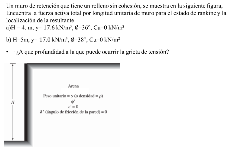 Un muro de retención que tiene un relleno sin cohesión, se muestra en la siguiente figura, Encuentra la fuerza activa total p