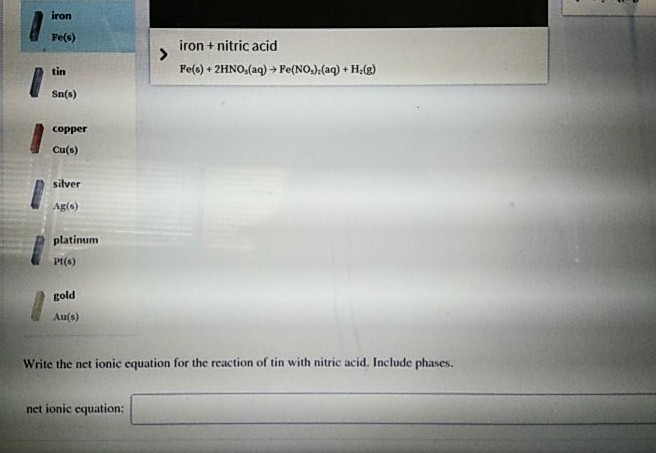 Solved iron Fe(s) , iron + nitric acid Pe(o)+2HNO,(a) | Chegg.com