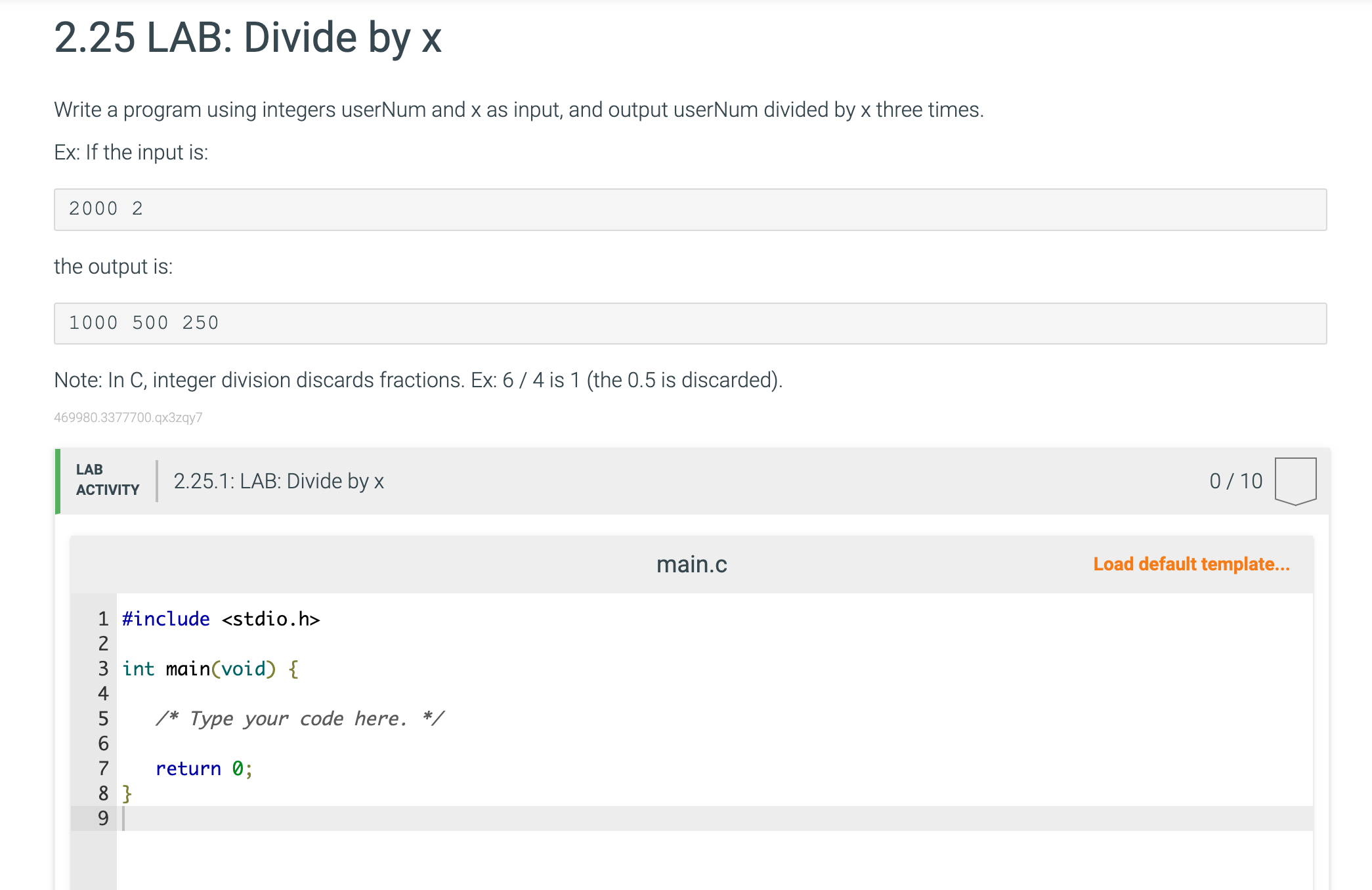 Solved 2.25 LAB: Divide by x Write a program using integers | Chegg.com