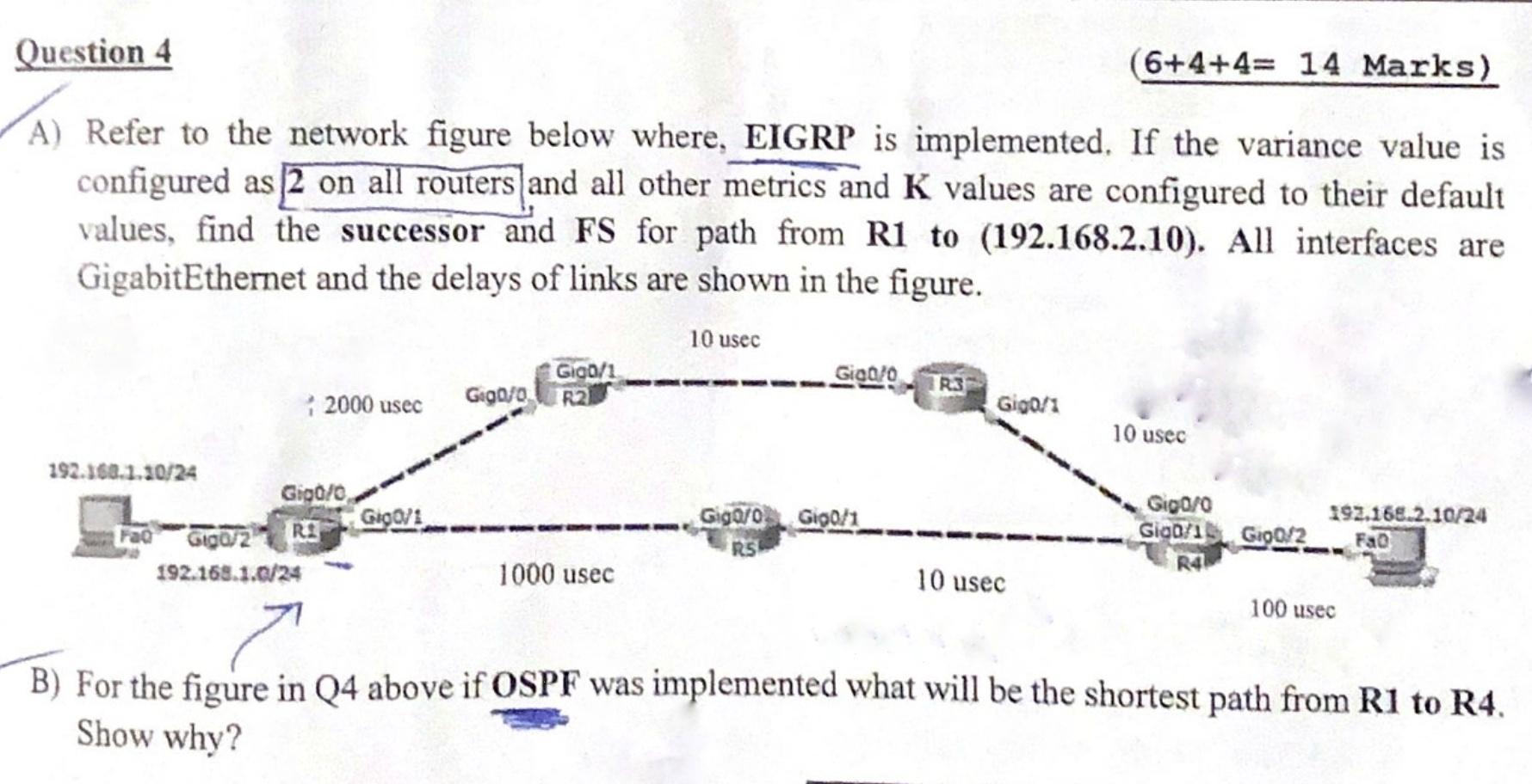 Question 4 (6+4+4= 14 Marks) A) Refer to the network | Chegg.com