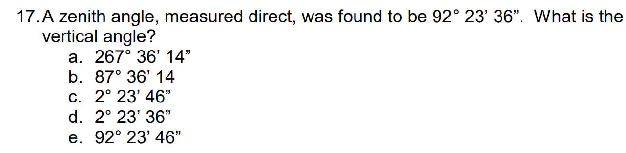 Solved 17. A zenith angle, measured direct, was found to be | Chegg.com