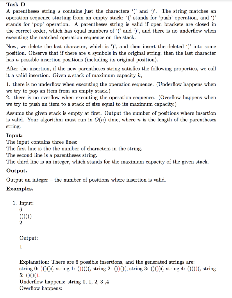 Solved Task D A parentheses string s contains just the | Chegg.com