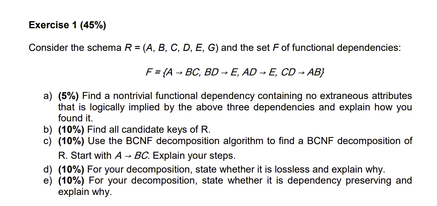 Solved Exercise 1 (45%) Consider The Schema R = (A, B, C, D, | Chegg.com