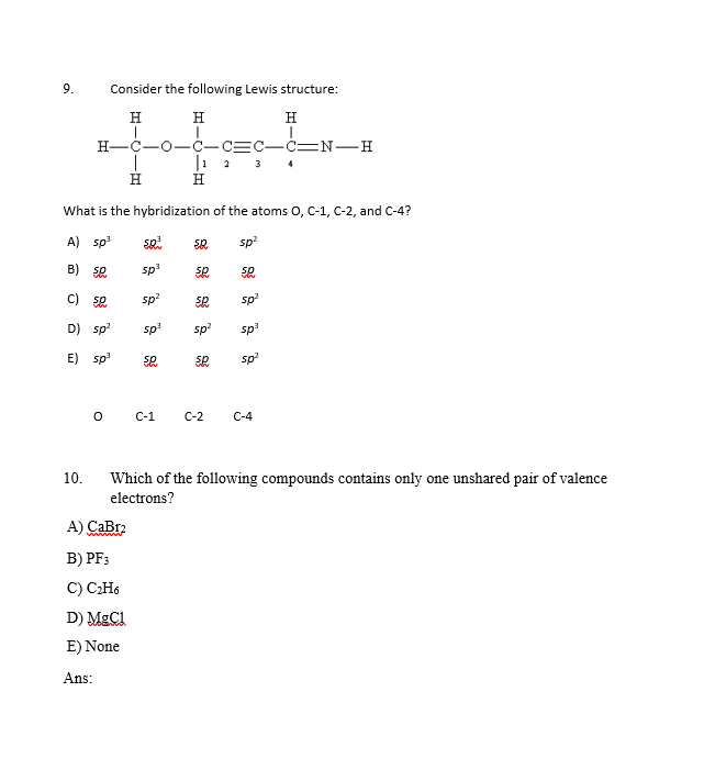 Solved 9. . Consider the following Lewis structure: H H H 1 | Chegg.com