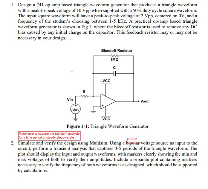 1. Design a 741 op-amp based triangle waveform | Chegg.com