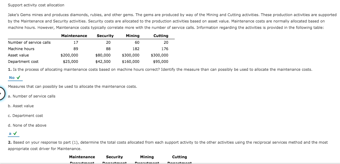 Solved Support activity cost allocation 60 20 Jake's Gems