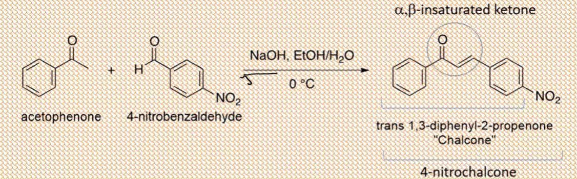 \( \alpha, \beta \)-insaturated ketone
acetophenone
4-nitrobenzaldehyde
trans 1,3-diphenyl-2-propenone
Chalcone