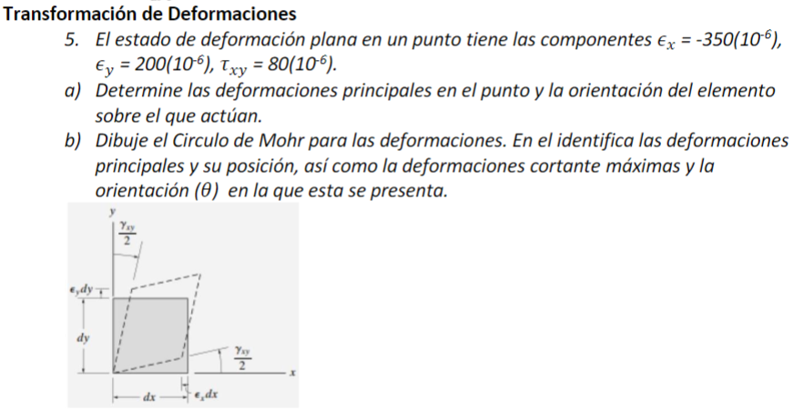 isformación de Deformaciones 5. El estado de deformación plana en un punto tiene las componentes \( \epsilon_{x}=-350\left(10