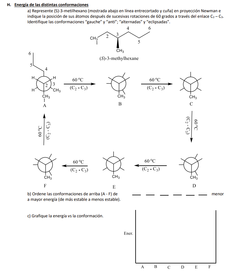 H. Energía de las distintas conformaciones a) Represente (S)-3-metilhexano (mostrada abajo en línea entrecortado y cuña) en p