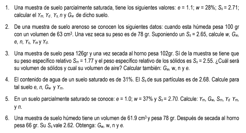 1. Una muestra de suelo parcialmente saturada, tiene los siguientes valores: \( e=1.1 ; w=28 \% ; S_{s}=2.71 \); calcular el