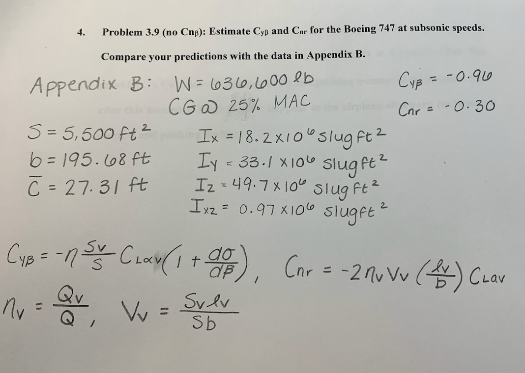 4. Problem 3.9 (no CnB): Estimate Cyß and Cnr for the | Chegg.com