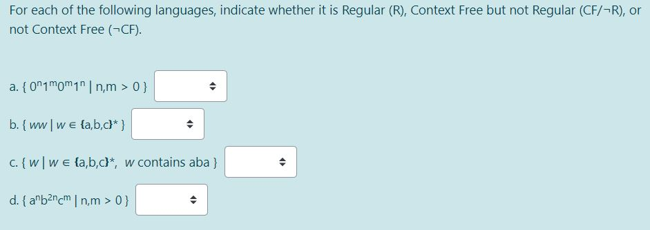 Solved For each of the following languages, indicate whether | Chegg.com