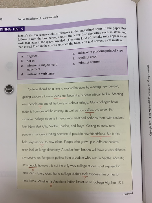 28 Part 4 Handbook Of Sentence Skills DITING TEST 5 | Chegg.com