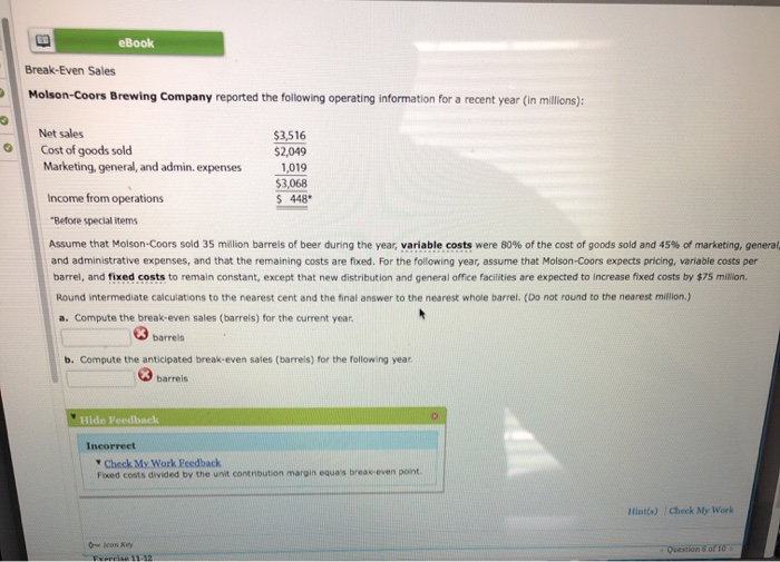 Solved EBook Break-Even Sales Molson-Coors Brewing Company | Chegg.com