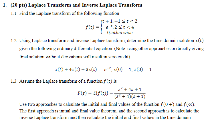 Solved 1. (20 pts) Laplace Transform and Inverse Laplace | Chegg.com
