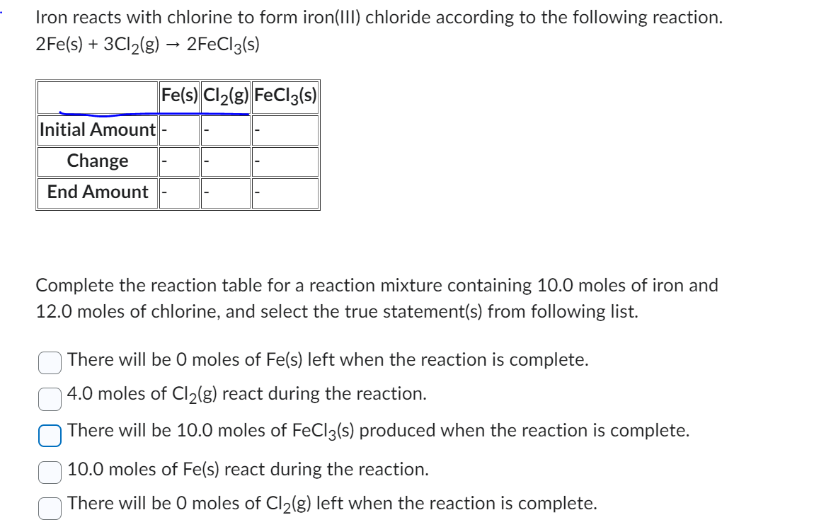 Solved Iron reacts with chlorine to form iron(III) chloride