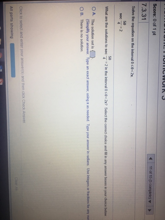 Solved Score: 0 of 1 pt 7.3.31 Solve the equation on the | Chegg.com