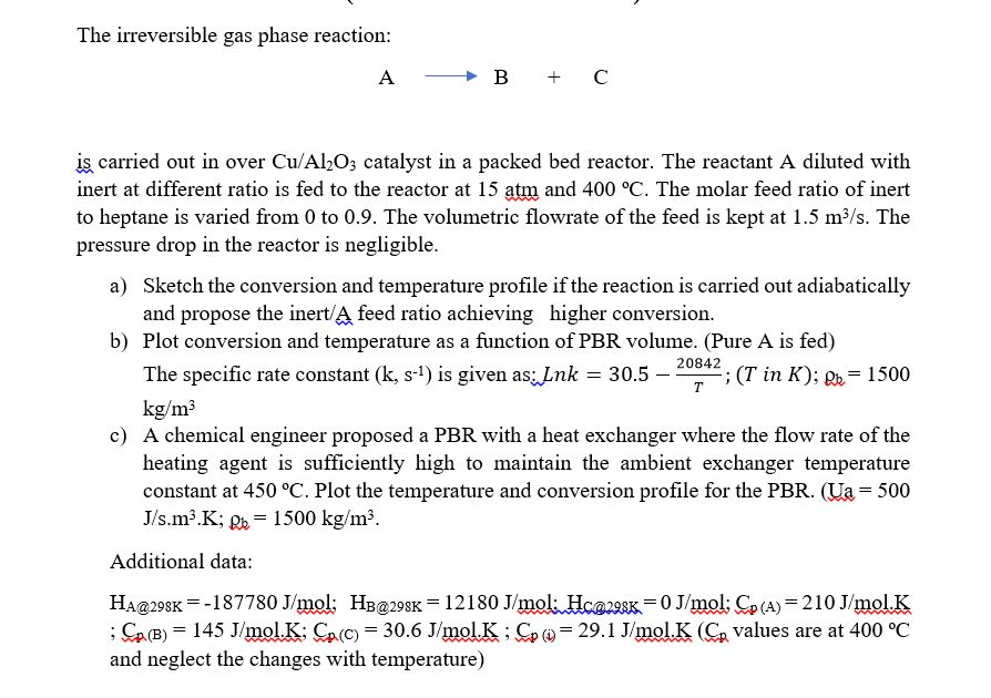 The irreversible gas phase reaction: A B + C is | Chegg.com
