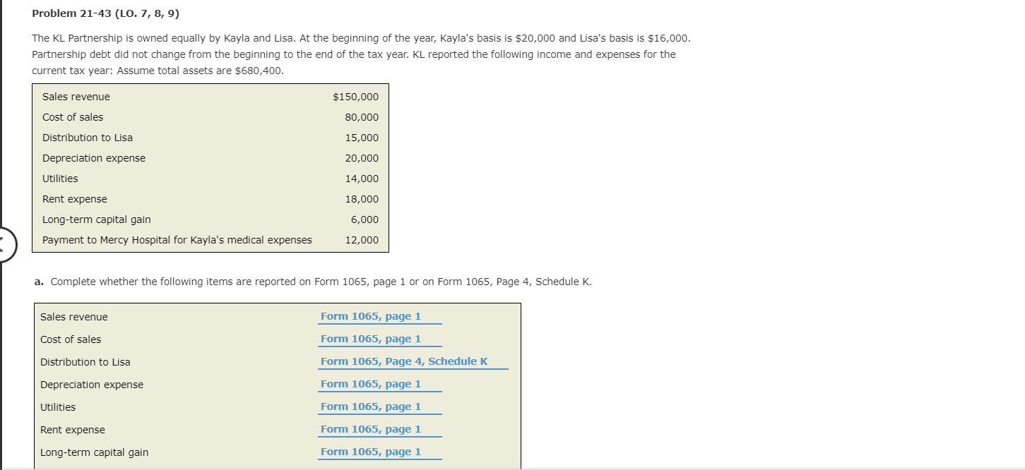 Solved Problem 21 43 Lo 7 8 9 The Kl Partnership Is Chegg Com