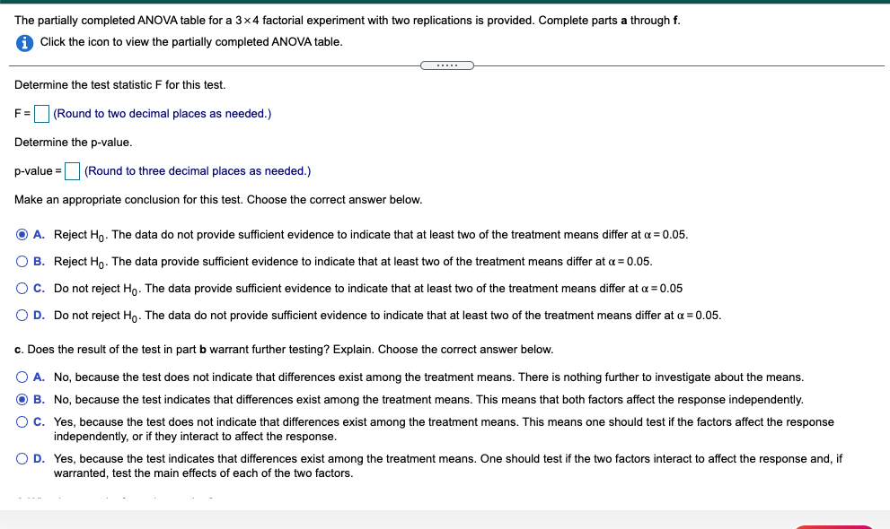 Solved The Partially Completed ANOVA Table For A 3 X 4 Chegg