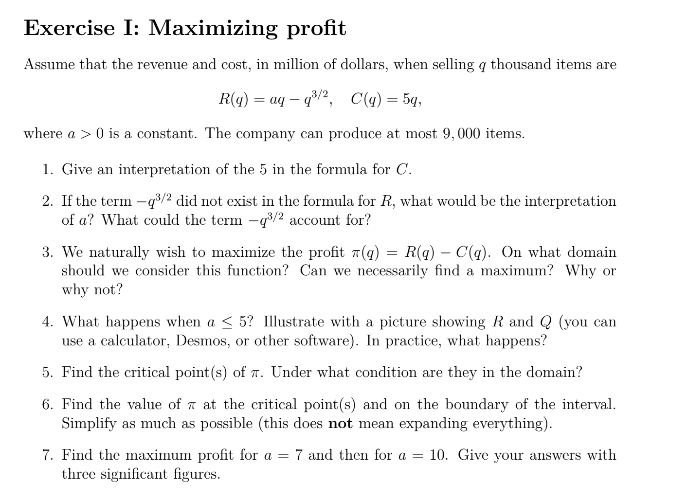 Maximizing Profits Math Problem Solved Exercise I: Maximizing profitAssume that the revenue | Chegg.com