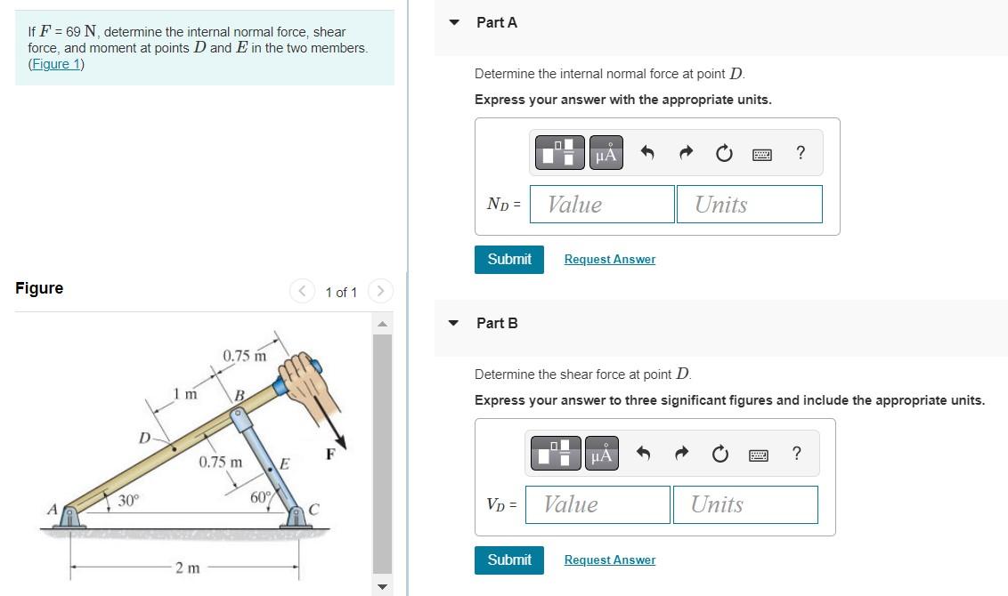 Solved If F=69 N, determine the internal normal force, shear | Chegg.com