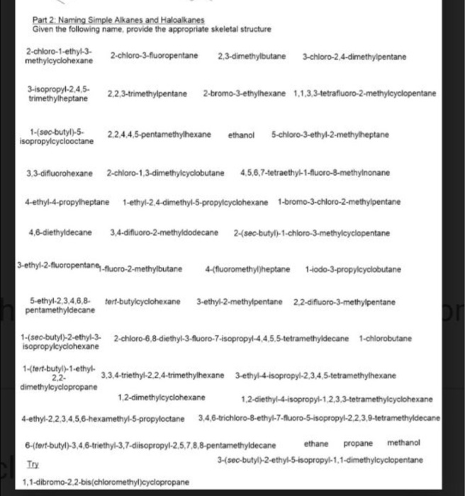 Solved Part 2 Naming Simple Alkanes And Haloalkanes Give Chegg Com