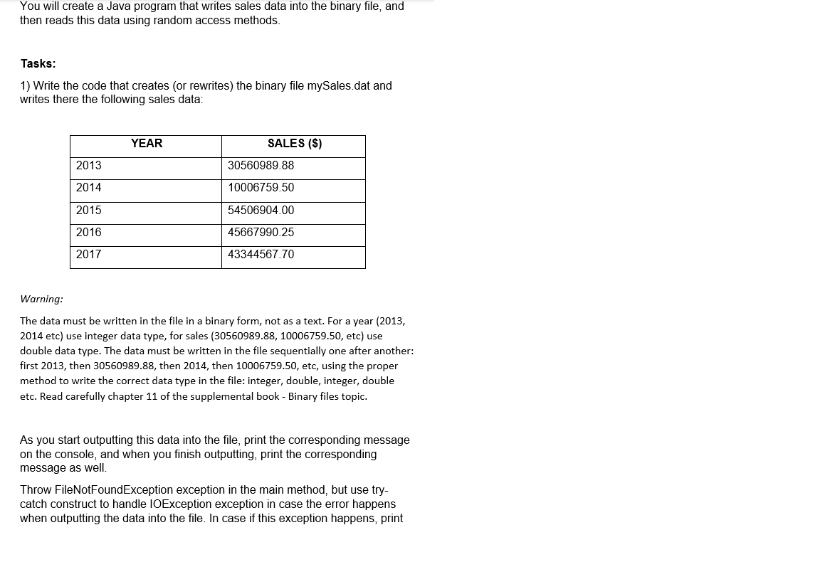 Solved You will create a Java program that writes sales data | Chegg.com
