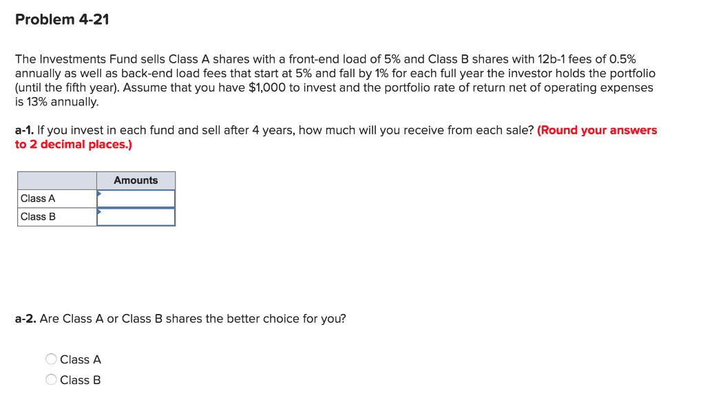 Solved Problem 421 The Investments Fund sells Class A