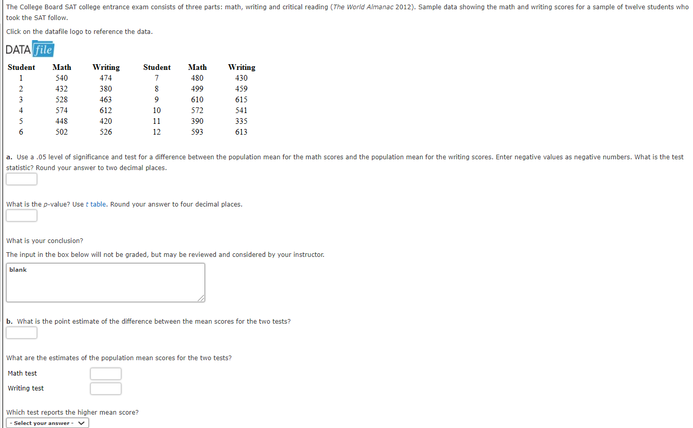 Solved The College Board SAT college entrance exam consists | Chegg.com