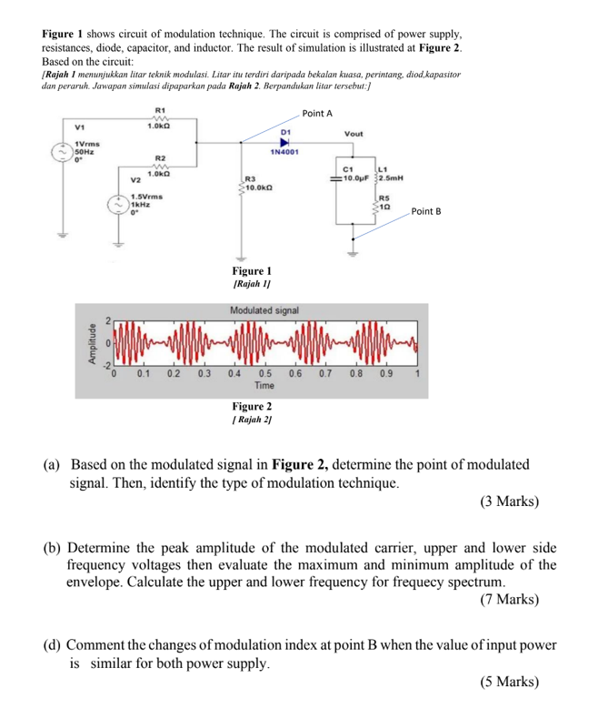 Figure 1 shows circuit of modulation technique. The circuit is comprised of power supply,
resistances, diode, capacitor, and 