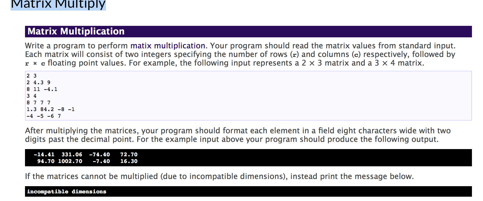 Solved Matrix Multiply Matrix Multiplication Write a program | Chegg.com