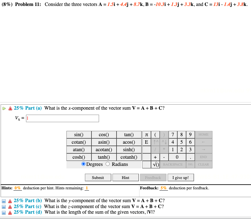 Solved (8\%) Problem 11: Consider the three vectors | Chegg.com