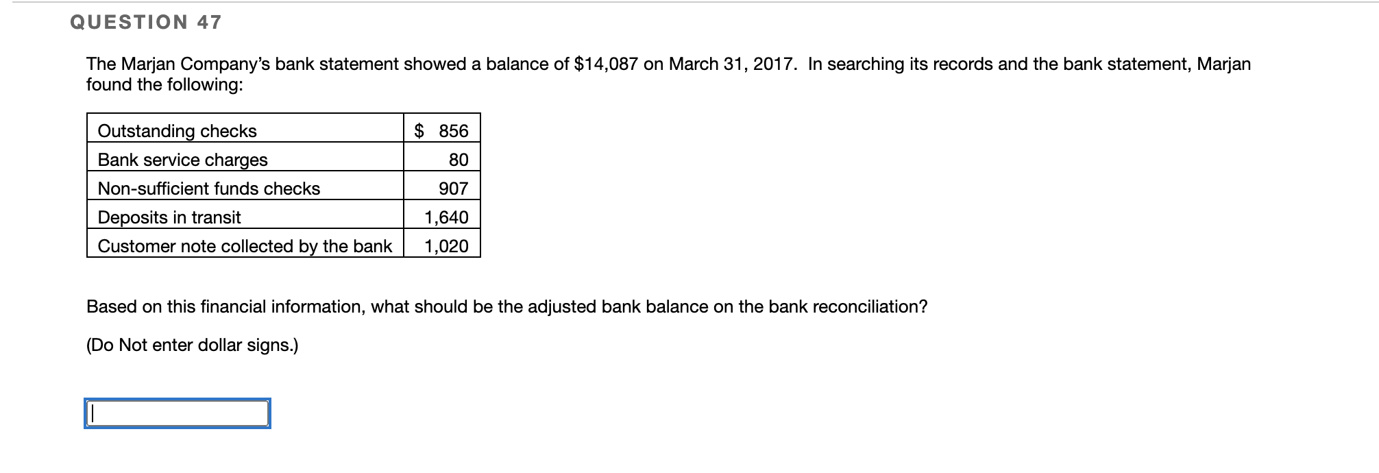 Solved QUESTION 47 The Marjan Company's bank statement | Chegg.com