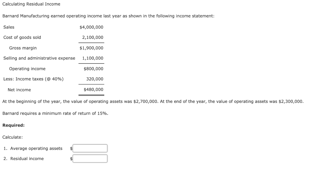 Solved Calculating Residual Income Barnard Manufacturing 5982